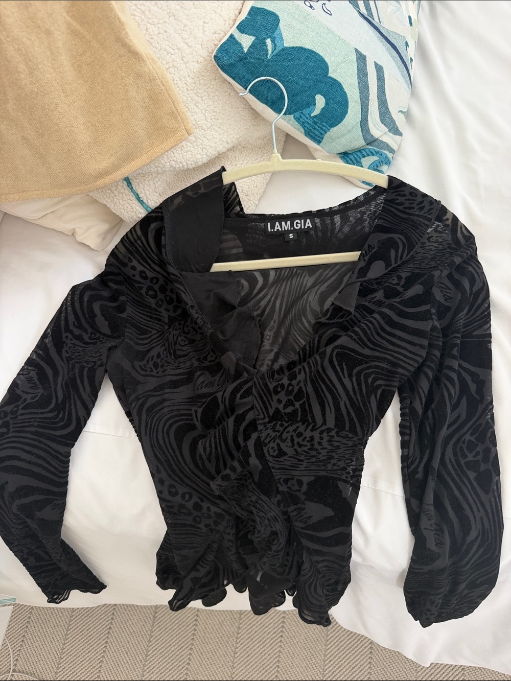 I.AM.GIA Black Velvet Devore Ruffle Wrap Blouse